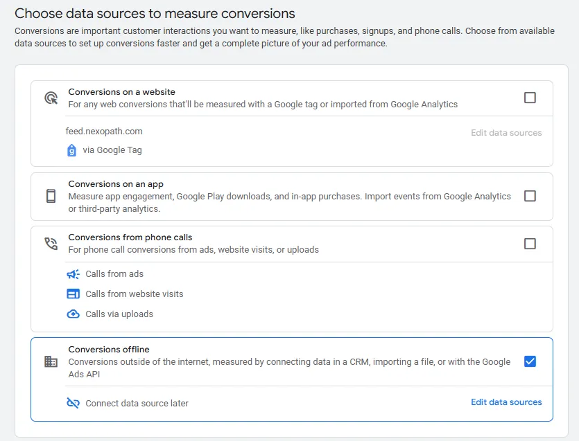 Tela "Choose data sources to measure conversions" do Google Ads com a opção "Conversions offline" marcada
