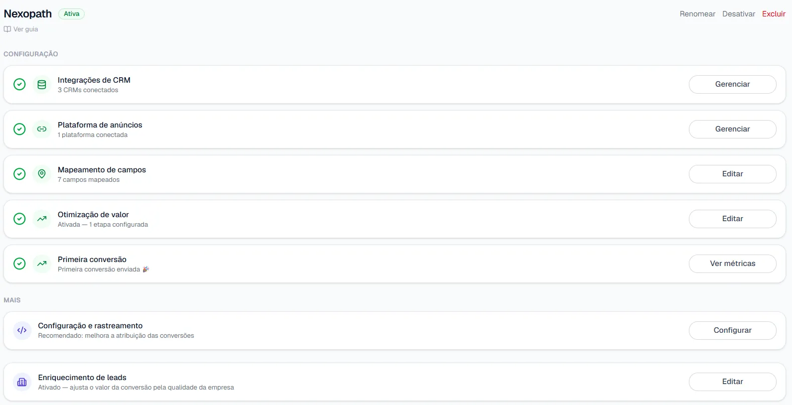 True Conversions client setup screen with a completed checklist: CRM integrations connected, ad platform connected, 7 fields mapped, value optimization enabled, and first conversion sent